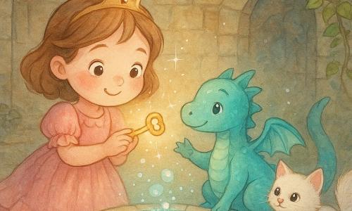 La princesse sourit, joues rosies, en robe rose à volants, souffle sur une petite clé brillante qui s'illumine d'un éclat doré pendant qu'un petit dragon turquoise nacré tend la patte et qu'un chat blanc duveteux près d'une fontaine mosaïque à eau bleu pâle scintillante les observe émerveillés dans une salle de pierre aux voûtes basses, murs de vigne et porte ornée d'une étoile.