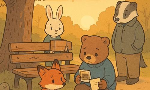 Basile, un jeune ours brun au pull trop large tient une petite photo et un papier plié, Lina, une renarde rousse accroupie, porte un caillou peint, Tom, un lapin blanc, se tient derrière le banc serrant une boîte en carton, Sam, un blaireau, observe en retrait mains dans les poches; au crépuscule dans un parc dominé par un grand chêne, un banc en bois usé marqué d’une rayure en zigzag et quelques cailloux peints au pied de l’arbre, les enfants déposent une boîte à souvenirs et des pierres peintes dans une atmosphère calme, respectueuse, baignée de lumière dorée.