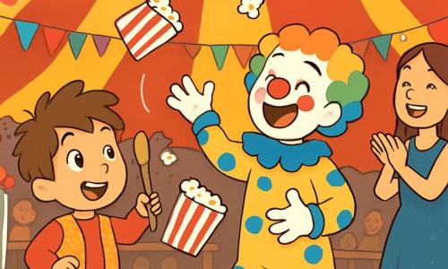 Un petit garçon de 4 ans, Léo, avec des cheveux bruns en bataille et un grand sourire, porte un gilet brillant et tient une cuillère en bois près d'une machine à popcorn. À ses côtés, un clown joyeux, Lulu, jongle avec des sacs de popcorn. En arrière-plan, une jongleuse, Zoé, applaudit en tenant des ballons colorés. Le chapiteau de cirque, aux rayures rouges et jaunes, est rempli de lumières et de décorations festives, avec des spectateurs émerveillés. Léo, déterminé, essaie de rattraper le popcorn qui vole à cause du vent, aidé par Lulu et Zoé.