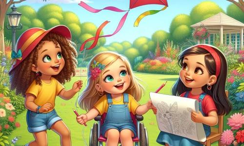 Trois filles joyeuses, Lou, Zoé et Emma, se trouvent dans un jardin verdoyant. Lou, 8 ans, avec des cheveux bouclés et un t-shirt jaune, tient un cerf-volant rouge. Zoé, aussi âgée de 8 ans, porte un chapeau rouge et un short en jean, souriant en regardant le cerf-volant. Emma, 7 ans, avec des cheveux lisses et une robe bleue, est assise sur une chaise roulante, tenant des crayons de couleur et un grand papier. Le jardin est rempli de fleurs colorées et de grands arbres, sous un soleil doux. Les trois amies jouent ensemble, profitant de la nature et créant des souvenirs inoubliables.
