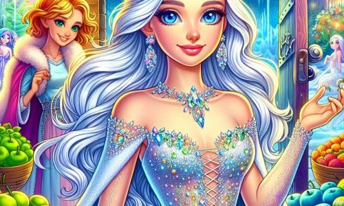 La Reine des Neiges, d'une beauté éclatante, porte une robe de glace ornée de cristaux. Son visage exprime une curiosité émerveillée et ses longs cheveux argentés flottent dans le vent. Elle se tient devant une porte magique, clé à la main, prête à découvrir un nouveau monde. À ses côtés, Lyra, une ensorceleuse de 20 ans aux cheveux roux, l'encourage à franchir le seuil. Le lieu est un marché enchanté, vibrant de couleurs, avec des stands de fruits improbables et des créatures fantastiques. La Reine hésite devant la porte, entourée de l'effervescence du marché, prête à faire un choix qui changera sa vie.