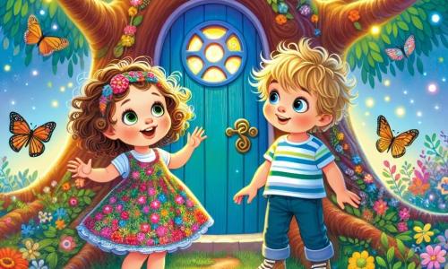 Une petite fille de 2 ans, Mia, avec de grands yeux brillants et des cheveux bouclés, porte une robe colorée à motifs floraux. Elle sourit en découvrant une petite porte bleue dans un arbre. À ses côtés, Léo, un garçon de 3 ans aux cheveux blonds et en t-shirt rayé, observe la porte avec curiosité, prêt à explorer. Le jardin enchanteur est rempli de fleurs vives, de papillons et d'un grand arbre majestueux. La lumière du soleil crée des ombres dansantes. Mia et Léo, devant la porte magique, sont impatients de découvrir le chemin lumineux qui les attend.