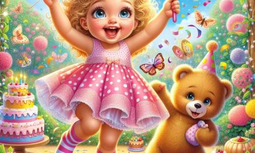 Lila, une petite fille d'un an aux cheveux bouclés et dorés, danse au milieu de confettis colorés, tenant une baguette magique scintillante. Elle porte une robe rose à pois blancs et des chaussettes rayées. À ses côtés, son ours en peluche, Monsieur Poilu, un ours brun souriant, semble aussi danser. Le décor est un jardin enchanteur avec des fleurs vives, des papillons et un ciel bleu. Lila rit aux éclats, entourée de gâteaux tombant du ciel, tandis que les confettis créent une ambiance festive et joyeuse.