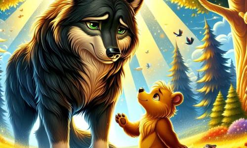 Illustration d'un grand loup au pelage sombre et brillant, avec des yeux verts perçants, affichant tristesse et espoir, dans une clairière ensoleillée entourée d'arbres aux feuilles dorées. Un ours au pelage doré, regard déterminé et bienveillant, s'approche du loup en tendant une patte amicale. La clairière est lumineuse, ornée de fleurs colorées, tandis que des oiseaux volent au-dessus, ajoutant de la vie à la scène. Le loup, autrefois craint, est prêt à écouter l'offre d'amitié de l'ours, symbolisant la possibilité de réconciliation. Des rayons de soleil filtrent à travers les arbres, et des petits animaux de la forêt observent la scène avec curiosité.