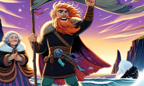 Un homme robuste, nommé Jorundr, se tient sur une plage de galets noirs, son visage marqué par le temps, avec des cheveux roux flottant dans la brise. Il affiche une détermination joyeuse en tenant un étendard déchiré, ses yeux brillants d'espoir. À proximité, une vieille femme, avec la sagesse gravée sur son visage, observe avec un sourire bienveillant, portant une cape en fourrure et tenant une corne de brume. La plage sauvage est animée par des vagues puissantes et des falaises abruptes, sous un ciel aux nuances violettes et dorées où des étoiles commencent à scintiller. Jorundr lève l’étendard vers le ciel, appelant les esprits des ancêtres, tandis que le vent danse autour de lui, créant une atmosphère magique.