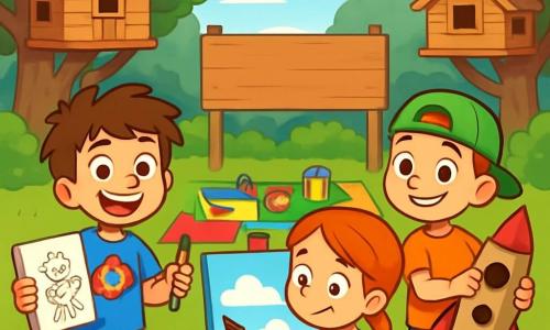 Trois personnages sont présents : Tom, un garçon de 9 ans avec des cheveux bruns en bataille, un t-shirt bleu avec un super-héros et un short jaune, tenant un carnet de dessins et un crayon, souriant. Zoé, une fille de 9 ans avec des tresses rousses, porte une robe à fleurs colorées et est assise sur une pierre, tenant une palette et un pinceau, concentrée sur son tableau. Léo, également âgé de 9 ans, porte une casquette verte à l'envers, un t-shirt orange et un short bleu, se tenant debout avec un grand sourire, prêt à montrer sa maquette de fusée en carton. L'action se déroule dans un camp d'été animé, entouré d'arbres, avec des cabanes en bois et un terrain de jeux coloré. Tom, Zoé et Léo sont engagés dans des activités créatives, chacun concentré sur son projet dans une ambiance joyeuse et colorée.