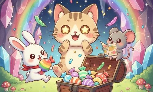 Gigi le chat tigré beige et brun, joyeux, sourire large et yeux en forme d'étoile, assis et applaudissant devant un coffre ouvert rempli de bonbons géants multicolores; Loulou le lapin blanc à l'écharpe rouge, sautillant avec un énorme bonbon à gauche; Zaza la souris grise, malicieuse, tenant une carte perchée sur le bord du coffre à droite; coffre ancien en bois, plumes et confettis flottant; arrière-plan : grotte scintillante aux cristaux roses et bleus avec lumière arc-en-ciel et clairière fleurie (rouge, jaune, violet) et champignons; ambiance festive, couleurs vives, textures douces, composition centrée sur le trio et le coffre, expressions exagérées et adorables.