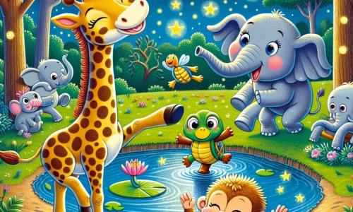 Une girafe nommée Gigi danse joyeusement au bord d'un étang, ses pattes avant levées. À côté, un éléphant nommé Émile fait des mouvements de ballet, tandis qu'un petit singe nommé Max exécute des pirouettes sur le sol boueux. En arrière-plan, une tortue nommée Trixie applaudit en riant, assise sur un nénuphar. L'étang, illuminé par des lucioles, est entouré de grands arbres et d'une pelouse fleurie. La scène montre les animaux en pleine danse, créant une atmosphère joyeuse et festive sous la lune.