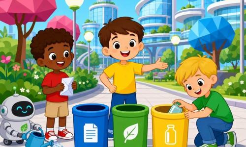 Trois garçons de 6 ans au parc central d'une cité futuriste : Léo, cheveux bruns courts, t-shirt jaune et pantalon bleu, au centre montrant une poubelle verte ; Max, cheveux bouclés châtain, t-shirt rouge et short beige, à gauche souriant avec un papier plié ; Théo, cheveux blonds, t-shirt vert et jean, à droite accroupi pour déposer un pot en verre dans une poubelle jaune. Arrière-plan : allée pavée, arbres aux feuilles géométriques rose et bleu, lampadaires ronds et immeubles vitrés. Au premier plan trois poubelles alignées (bleue, verte, jaune) avec pictogrammes et un petit robot jardinier gris clair arrosant une fleur. Scène joyeuse et optimiste, couleurs vives, formes simples et contours nets.