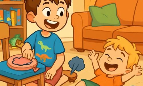 Un garçon de 8 ans, Tommy, avec des cheveux châtains en bataille et des yeux malicieux, est assis sur le sol du salon, riant aux éclats. Il porte un t-shirt bleu avec des dinosaures et un short rouge. À côté de lui, son petit frère Lucas, âgé de 5 ans, avec des cheveux blonds et des joues rondes, est allongé sur le tapis, riant aussi, entouré de petites voitures colorées. Le salon est lumineux, avec un canapé moelleux, des coussins colorés, des jouets en désordre et des rayons de soleil filtrant à travers les rideaux. Au fond, une grande étagère est remplie de livres d'images et de jeux de société. Tommy et Lucas préparent une farce en plaçant un coussin de péteux sur la chaise de leur père, attendant avec impatience qu'il s'assoit, le visage illuminé par l'excitation et le rire.
