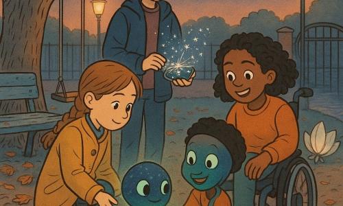 Quatre personnages se tiennent dans la cour d'école au crépuscule sous un grand arbre aux feuilles argentées : Élise, ~10 ans, cheveux châtains en tresse, manteau jaune moutarde, accroupie à gauche et tendant la main vers l'extraterrestre ; Nora, ~11 ans, cheveux courts noirs et lunettes rondes, veste bleu marine, au centre arrière tenant un objet métallique projetant une carte lumineuse ; Samira, ~10 ans, en fauteuil roulant manuel, chevelure bouclée et sourire vif, à droite, la main posée sur la créature ; et Plume, petite créature ronde comme une pelote, peau bleu nuit tachetée de turquoise, grands yeux de verre mat, petits tentacules translucides, émettant une lueur verte douce. Autour d'eux un banc bleu écaillé, feuilles mortes au sol, une vieille balançoire et une rivière sombre en arrière-plan; un petit vaisseau en forme de fleur mécanique est posé près du portail, pétales translucides entrouverts laissant échapper un faisceau pâle. Les filles entourent Plume, paumes scintillantes posées sur lui ou sur l'objet projecteur, regards émerveillés ; ambiance calme et secrète, éclairage doux orangé et contrastes chauds/bleus.