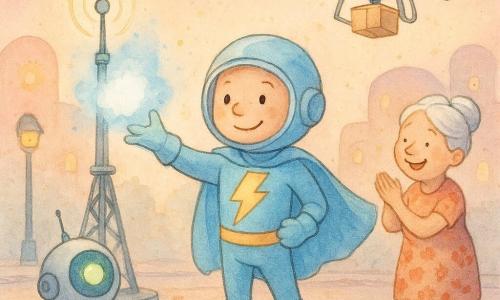 Un super-héros souriant à cape bleu clair et éclair jaune sur le torse, casque à visière ronde, tend la main droite et envoie un petit nuage lumineux blanc-bleu qui calme une grande antenne métallique clignotante jusqu’à une pulsation lente comme un cœur; à sa gauche roule Pilo, petit robot rond gris clair à œil vert, la mamie d’environ 70 ans aux cheveux blancs en chignon et robe fleurie applaudit à droite avec un colis léger à ses pieds, un drone facteur blanc oscille au-dessus montrant un paquet; scène sur la place urbaine Luma aux tours rondes éclairées de petits soleils jaunes, lampadaires souriants, pavés pastel et rails lisses, ciel crépusculaire rose-pêche, ambiance chaleureuse en style enfantin doux aquarelle, contours estompés, haute lisibilité pour tout-petits.