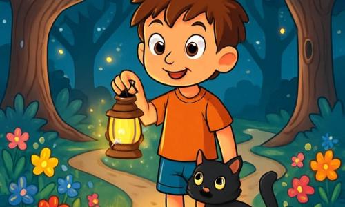 Un garçon de 8 ans, Eliot, aux cheveux châtains en bataille et aux yeux curieux, se tient au bord d'un sentier forestier. Il exprime une détermination joyeuse en tenant une lanterne magique scintillante. À ses côtés, son chat Mistigri, un petit félin noir aux yeux verts, se frotte contre sa jambe, prêt pour l'aventure. Ils se trouvent dans une forêt enchantée, avec des arbres majestueux aux troncs noueux et des feuilles d'argent. Des fleurs colorées bordent le chemin, et des lucioles dansent autour d'eux. Eliot se tient devant un croisement mystérieux, hésitant entre trois sentiers, chacun promettant une aventure différente, dans une atmosphère chargée de magie.