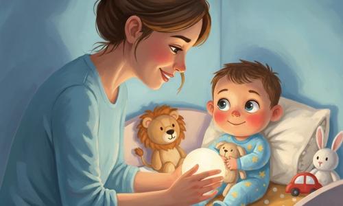 Un garçon de 2 ans au visage rond et aux joues roses, vêtu d’un body bleu à étoiles et serrant un doudou beige, regarde une veilleuse tandis qu’il sourit timidement et se blottit contre sa maman ; elle, une femme d’environ 30 ans aux cheveux châtains en chignon et au sourire doux, est assise au bord du lit, a juste allumé la veilleuse ronde qui diffuse une lueur orangée chaude, transformant la chambre nocturne aux murs bleus en un coin calme et rassurant avec une petite couette moutarde à pois et quelques peluches éparpillées.