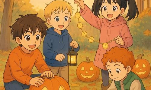 Quatre enfants de 8 ans sont dans une cour de maison chaleureuse illuminée par des guirlandes lumineuses en papier. Max, avec des cheveux bruns ébouriffés et un pull orange, est accroupi près d'une citrouille souriante qu'il a sculptée. Lucas, aux cheveux blonds courts et vêtu d'un sweat bleu, tient une petite lanterne allumée à côté de Max. Zoé, avec des cheveux noirs en couettes et un manteau rose, suspend une guirlande lumineuse en papier. Hugo, aux cheveux roux bouclés et portant un gilet vert, place une feuille de papier sous une pierre. La scène, en fin de journée avec une lumière dorée, montre les enfants préparant un chemin magique pour Halloween avec des citrouilles et des guirlandes, dans une ambiance joyeuse et complice. Les couleurs vives et chaleureuses évoquent la magie de l'automne.