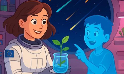 Camille, astronaute au visage souriant et déterminé, cheveux châtains flottant en apesanteur, en combinaison spatiale blanche et argentée avec un petit drapeau européen à l'épaule, tient délicatement un petit pot transparent contenant une pousse verte flottante presque souriante; Julien, garçon de 12 ans en hologramme bleu translucide aux cheveux courts bruns, flotte à mi-hauteur et pointe la pousse émerveillé; intérieur lumineux du laboratoire de la station Orion aux parois métalliques, panneaux de contrôle colorés, étagères avec flacons et lampes LED rose et blanc éclairant des bacs hydroponiques; par un grand hublot rond on voit un ciel étoilé et une pluie de météores aux traînées dorées et bleues; scène de découverte calme et émerveillée, couleurs vives et formes simples adaptées à un livre jeunesse.