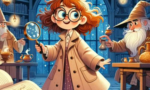 Une jeune fille de 9 ans, Lila, avec des cheveux roux en bataille et des lunettes rondes, se tient au centre de la scène, les yeux écarquillés d'excitation. Elle porte un long manteau beige et tient une loupe, prête à résoudre le mystère de la lune disparue. À sa droite, un vieux magicien à la barbe blanche, vêtu d'une robe bleue étoilée, l'observe avec bienveillance, tandis qu'à sa gauche, une sorcière avec un chapeau pointu et des cheveux noirs ajuste ses lunettes en regardant une carte magique. Le lieu est le Café des Enchanteurs, un endroit chaleureux avec des miroirs enchantés et des lampadaires flottants. Lila, déterminée, lève sa loupe vers un éclat argenté au centre de la table, symbolisant la lune disparue, tandis que les autres personnages se penchent vers elle, impatients de connaître son plan.