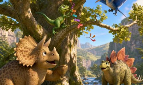 Riri, petit vélociraptor vert émeraude, grimpe dans un vieux sycomore pour récupérer un cerf‑volant pris dans les feuilles tandis que Toto le tricératops beige l'encourage au pied de l'arbre, Léa la ptéranodon aux ailes bleu clair plane prête à attraper la ficelle et Bobo le stégosaure, à droite, sourit bienveillant ; la scène se déroule dans une vallée ensoleillée matinale avec herbes hautes, fougères, une rivière scintillante et rochers moussus, ambiance joyeuse et solidaire.