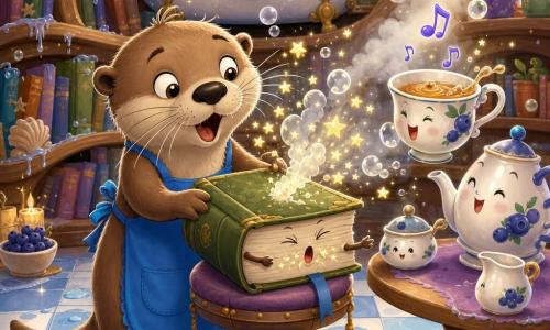 Lila la loutre, joyeuse et étonnée, moustaches frétillantes, pelage brun clair lustré, porte un tablier bleu «Ne pas plonger les livres» et tient un grimoire enrhumé; le grimoire, épais à couverture verte avec yeux sur la tranche et poussière dorée, éternue des étoiles et des bulles depuis un tabouret à côté; un service à thé anthropomorphe souriant, tasse à motifs myrtille et thé chantant, flotte près d'une petite table; décor : Bibliothèque-Baignoire aux étagères en bois courbé en vagues, livres aux bords ondulés, carrelage blanc et bleu, légère vapeur parfum myrtille et une grande baignoire devenue étagère; scène : Lila ouvre le grimoire qui frétille et émet étincelles et bulles, atmosphère drôle et magique, couleurs vives, formes simples, composition claire centrée sur Lila et le grimoire.