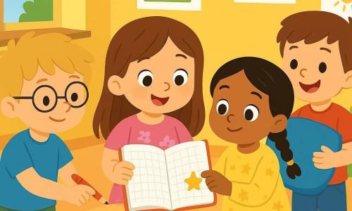 Quatre enfants sont présents : Léa, une fille de 4 ans avec de longs cheveux bruns, portant une robe rose et tenant un carnet ; Tom, un garçon de 4 ans avec des cheveux blonds en bataille et des lunettes, vêtu d'un t-shirt bleu et d'un short vert, pointant un crayon vers le carnet ; Nina, une fille de 4 ans avec des cheveux noirs tressés, en blouse jaune, collant une gommette étoile sur le carnet ; et Hugo, un garçon de 4 ans avec des cheveux châtains, souriant, portant un t-shirt rouge et un pantalon en jean, tenant un coussin bleu. La scène se déroule dans une classe lumineuse et colorée, avec des murs jaunes, des tables en bois et un coin lecture. Les enfants sont concentrés sur le carnet, Léa lit à voix haute tandis que les autres échangent des idées, entourés de dessins et d'indices colorés.