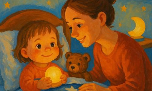 Une fillette de 2 ans au visage rond et souriant, emmitouflée sous une couverture étoilée, tient une petite lampe jaune chaude tandis que sa maman aux cheveux bruns attachés, penchée et rassurante, pose la main sur la couverture ; un ours en peluche brun est sur l'oreiller, la chambre bleue pâle décorée d'étoiles peintes à la main et d'une étagère avec des livres, éclairée par une lampe ronde diffusant une lueur dorée ; style peinture acrylique aux textures visibles, couleurs chaudes et contours légèrement arrondis, composition centrée sur la fillette et la lampe.