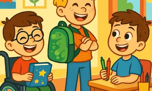 Il y a trois personnages : Tom, un garçon de 8 ans avec des cheveux bruns et des lunettes, assis dans son fauteuil roulant, souriant et tenant un cahier avec des étoiles ; Hugo, un garçon de 8 ans aux cheveux blonds en bataille, debout à côté de Tom avec les bras croisés et un grand sourire, portant un sac à dos vert avec un T-Rex ; Léo, un garçon de 8 ans avec des cheveux châtains et un t-shirt bleu, assis sur une chaise à côté de Tom, tenant des crayons de couleur et regardant avec enthousiasme ses amis. L'action se déroule dans une salle de classe lumineuse aux murs jaunes, avec des dessins colorés, des tables en bois clair et des chaises multicolores. Les trois amis chantent joyeusement ensemble, prêts à vivre une belle aventure d'amitié et d'apprentissage.