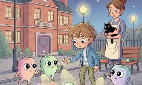 Léo, garçon de 6 ans aux cheveux châtain clair et veste bleue, tend la main vers une perle verte lumineuse sur une place pavée devant une école en brique tandis que trois petites créatures extraterrestres pastel, tenant de minuscules lampes, sourient en sautillant; une boulangère d’une quarantaine d’années, chignon et tablier, tient un chat en arrière-plan près d’un banc; des lampadaires diffusent une lumière chaude, les trottoirs mouillés reflètent des néons et des jardinières dégagent des fleurs et papillons de lumière; la perle ouvre un volet et déclenche des jardins lumineux sous un ciel étoilé, ambiance tendre et magique.