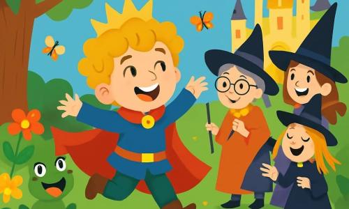 Léo, un petit prince de 7 ans aux cheveux bouclés et dorés, porte une longue cape rouge et saute de joie dans un jardin enchanté. À ses côtés, une grenouille verte chante joyeusement sur une pierre couverte de mousse. Plus loin, trois sorcières farfelues se tiennent là : une vieille femme avec des lunettes rondes, une jeune femme en chaussettes à pois colorés, et une petite sorcière de 10 ans aux cheveux en spaghettis. Le jardin est rempli de fleurs multicolores, d'arbres noueux et de papillons. Au fond, un château scintille sous un ciel bleu. Léo découvre un lit de confettis et se demande d'où vient cette blague magique, tandis que les sorcières échangent des regards complices.