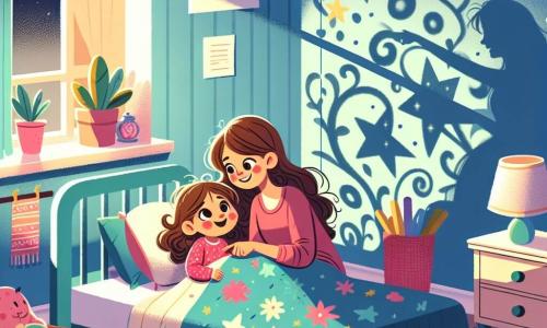 Luna, une petite fille de 4 ans aux grands yeux brillants et cheveux bouclés châtains, est allongée sur son lit entourée de couvertures colorées. Elle exprime émerveillement et curiosité en regardant les ombres danser sur le mur, créées par une lampe de chevet. Sa maman, douce femme d'environ 30 ans aux cheveux longs et lisses, est assise à ses côtés, lui montrant le ciel étoilé à travers la fenêtre. La chambre est chaleureuse, avec des murs bleu pastel, des étoiles en papier au plafond et des jouets sur le sol. Une lumière douce crée une ambiance rassurante. Luna découvre que le noir peut être doux et magique, tandis que sa maman lui raconte des histoires sur les étoiles.
