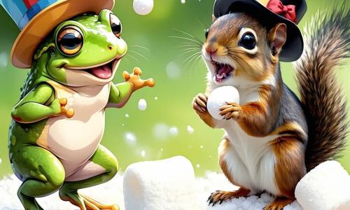 Léonard la grenouille, une petite grenouille verte avec de grands yeux ronds et un large sourire, saute joyeusement sur un sol en guimauve moelleuse, prêt à s'amuser. À côté de lui, Gaston l'écureuil, un petit écureuil brun avec un chapeau melon coloré, rit aux éclats en dansant maladroitement. Lucie la coccinelle, une coccinelle rouge à pois noirs, flotte dans les airs en soufflant des bulles de savon. La scène se déroule dans un monde féerique avec un sol en guimauve rose et des arbres en forme de sucettes, sous un ciel bleu. Léonard, Gaston et Lucie participent à une course de bulles de savon, éclatant de rire dans une atmosphère joyeuse.