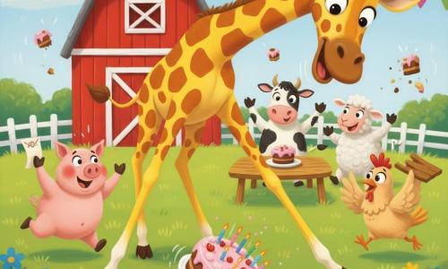 Gisèle, une grande girafe jaune à taches brun-orange, penchée en avant et riant, regarde un gâteau glissant entre ses longues pattes ; Gaston, un cochon rose dodu aux joues rouges, court à gauche en agitant une invitation froissée, tandis qu'Henri, un petit poulet beige aux plumes ébouriffées, court à droite en tenant un plateau cassé ; au second plan une vache tachetée et un mouton laineux sourient près d'une table basse tandis que des morceaux de gâteau volent, le tout dans une ferme ensoleillée avec une grande grange rouge, herbe fleurie et banderoles colorées, scène joyeuse et un peu chaotique centrée sur la girafe et le gâteau en mouvement.