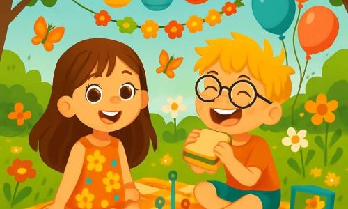 Mila, une petite fille de 8 ans aux longs cheveux bruns et aux yeux pétillants, est assise dans son jardin sur l'herbe verte, entourée de fleurs colorées. Elle porte une robe à fleurs et sourit, enthousiaste pour l'été. À ses côtés, son meilleur ami Timothée, également âgé de 8 ans, a des cheveux blonds en bataille et des lunettes rondes, riant tout en tenant un sandwich. Ils sont sur une couverture à carreaux, entourés de jeux et de lampions accrochés aux arbres. Le jardin est illuminé par une lumière dorée, avec des papillons volant autour des fleurs. Ils préparent une fête d'été joyeuse, pleine de rires et d'amitié, avec des ballons et des guirlandes de fleurs.