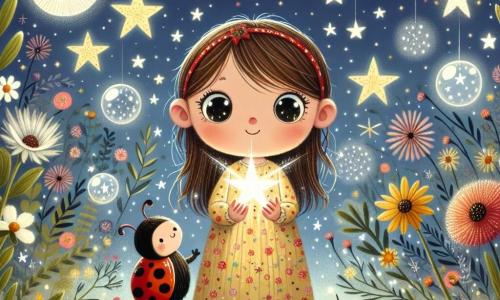 Dans un jardin magique rempli d'étoiles scintillantes, deux personnages principaux se distinguent : Lila, une petite fille de presque quatre ans aux longs cheveux bruns et aux yeux curieux, portant une robe jaune à fleurs et tenant un ours en peluche, et Rubis, une coccinelle rouge vif qui vole autour d'elle en riant. Le jardin, enchanteur, est illuminé par des étoiles flottantes et des fleurs dorées, tandis qu'une douce mélodie crée une atmosphère de rêve. Lila tend la main pour attraper une étoile délicate, son visage illuminé par sa lumière argentée, tandis que Rubis ajoute de la joie à ce moment précieux.
