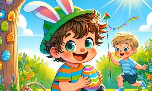 Léo, un petit garçon de 4 ans aux cheveux bruns en désordre et aux yeux pétillants, porte un chapeau de lapin coloré et un t-shirt rayé. Accroupi dans un jardin ensoleillé, il tient un œuf décoré avec un grand sourire. À ses côtés, Tom, 5 ans, aux cheveux blonds et en t-shirt bleu, le regarde avec émerveillement, tenant un cerf-volant et pointant un petit lapin en peluche coincé dans un arbre. Le jardin est rempli de fleurs colorées, de buissons verdoyants et d'un grand chêne, sous lequel se cachent des œufs de Pâques. La scène dépeint Léo et Tom en pleine chasse aux œufs, riant et découvrant des surprises.