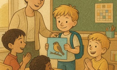 Il y a cinq personnages : Tom, garçon de 6 ans, cheveux châtain clair en bataille, cartable bleu, debout devant la classe tenant une feuille bleue et montrant une photo de moineau, sourire timide mais fier ; Léo, garçon de 6 ans, cheveux noirs courts, t-shirt rouge, assis à gauche de Tom, rit doucement et applaudit ; Malik, garçon de 6 ans, peau brune, boucles courtes, chemise à rayures vertes, range des feutres et regarde Tom avec admiration ; Hugo, garçon de 6 ans, blond, t-shirt jaune, assis à droite de Tom près du pupitre, souffle un encouragement et sourit ; Madame Claire, la maîtresse d’environ 30–40 ans, cheveux en chignon, veste crème, debout légèrement derrière Tom à gauche la main posée sur son épaule, regard bienveillant. Lieu : petite classe primaire éclairée par une fenêtre à gauche laissant entrer une lumière dorée, chaises en bois clair, tableau vert avec un mot 