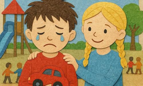 Léo, un garçon de 6 ans aux cheveux bruns ébouriffés, a le visage triste avec des larmes aux coins des yeux, tenant fermement sa petite voiture rouge. À ses côtés, Léa, une fille de 6 ans avec des cheveux blonds en tresses et un sourire réconfortant, pose une main amicale sur son épaule. Ils sont dans la cour de récréation de l'école, entourés de jeux colorés et de quelques arbres aux feuilles vertes. Au loin, un groupe d'enfants joue ensemble sous un ciel bleu parsemé de quelques nuages blancs moelleux. La scène illustre le soutien de Léa à Léo, symbolisant l'amitié et la solidarité.