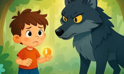 Un petit garçon de six ans, Léo, avec des cheveux bruns en bataille et des yeux curieux, se tient au centre de la scène, le visage marqué par la peur et la détermination. Il porte un t-shirt rouge et un short bleu, serrant dans sa main une pierre magique brillante. Le grand méchant loup, imposant, avec un pelage gris foncé et des yeux jaunes, se tient devant lui, affichant une expression menaçante. La forêt enchantée, dense et mystérieuse, est peuplée d'arbres noueux et de fleurs colorées, baignée de rayons de soleil dorés. Léo est prêt à affronter sa peur, tandis que le loup l'observe intensément.