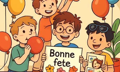 Quatre enfants préparent une fête surprise pour la fête des mères. Gaspard, 8 ans, est au centre avec des cheveux bruns et des lunettes rondes, tenant une affiche "Bonne fête, maman !" Léo, 9 ans, à gauche, gonfle un ballon rouge, souriant. Sami, 8 ans, à droite, montre un album photo fait main. Tom, 7 ans, derrière Gaspard, tient une guirlande colorée. La maison est décorée de ballons et guirlandes, avec une table remplie de friandises, créant une ambiance festive et joyeuse.