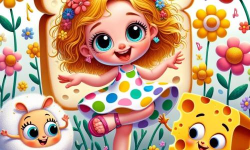 Au centre de l'image, Zoé, une petite fille de 6 ans aux cheveux dorés, porte une robe à pois colorés et danse joyeusement sous une lune de fromage, entourée de fleurs multicolores. À sa droite, Tim la Tartine, une tranche de pain souriante, saute sur une fleur géante en invitant Zoé à danser. À sa gauche, Bob le Mouton, un mouton à la laine bouclée portant un béret rouge, se dandine près d'une chaussure rouge qui parle, en débat avec une chaussure bleue. Le décor est une prairie enchantée avec des fleurs dansantes, des nuages sucrés et une lune brillante, créant une scène magique et loufoque.