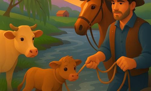 Un cow-boy d'une trentaine d'années au visage hâlé, barbe de quelques jours, chapeau de feutre marron usé, chemise en denim et gilet en cuir tient les rênes d'un cheval alezan tandis qu'il tire doucement un lasso pour ramener un jeune veau brun trempé et frissonnant de la rivière; la mère beige, immobile et inquiète, regarde son petit revenir depuis la rive; le cheval, solidement planté sur des pierres glissantes, aide à stabiliser la scène; lieu : rivière au courant vif, eaux argentées aux reflets bleu-gris, pierres et boue, saule penché, herbe brillante de pluie, collines douces et grange rouge au loin sous un ciel orange-violet de fin d'orage; moment : sauvetage calme et tendu, éclaboussures visibles, gouttes sur le chapeau et les bottes, expressions de fatigue et de soulagement, lumière douce de coucher de soleil aux tons chauds mêlés de bleus.