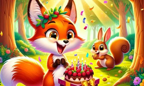 Un renard malicieux au pelage orange vif et aux yeux pétillants se tient au centre d'une clairière ensoleillée, souriant alors qu'il tient une grande boîte ornée de feuilles dorées, prête à révéler une pluie de confettis. À sa droite, un lapin aux grandes oreilles blanches grignote une noisette en sautillant. À sa gauche, un écureuil à la queue touffue s'apprête à attraper un gâteau aux baies sur une table en bois décorée de fleurs colorées. En arrière-plan, de grands arbres aux feuilles vertes et des rayons de soleil créent une atmosphère festive. La scène capture le moment joyeux où Renard annonce une surprise à ses amis lors de sa fête d'anniversaire.