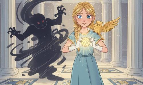 Elara, fille d'environ 12 ans, rayonnante et courageuse, yeux bleus brillants, cheveux blonds en tresses, tient un sceau circulaire étincelant entre ses mains gantées, posture droite et déterminée; sur son épaule droite un petit oiseau doré métallique aux ailes à demi déployées, malicieux; à l'arrière-gauche une créature d'ombre diffuse, silhouette noire tourbillonnante aux griffes étirées et yeux rouges minuscules, repoussée; en fond le temple d'Athéna avec colonnes blanches, marches de marbre, mosaïques bleu et or et une lumière zénithale dorée faisant scintiller la poussière; ambiance contrastée — lumière chaude autour d'Elara et du sceau contre tons froids et fumés de l'ombre, traits doux et couleurs pastel saturées, style bande dessinée enfantin lisible.