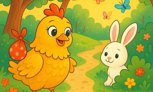 Une poule aux plumes dorées, nommée Plumette, se tient joyeusement au bord d'un chemin fleuri, ses yeux brillants de curiosité. Elle a un petit baluchon en tissu accroché à son aile et admire les fleurs colorées. À proximité, un petit lapin aux grandes oreilles, au pelage blanc, l'observe avec un sourire amical, prêt à l'aider. Le décor est une forêt magique avec des arbres aux troncs tordus et des feuilles scintillantes, baignés par la lumière dorée du soleil. Plumette hésite entre trois chemins : un sentier fleuri, un chemin de cailloux brillants et un autre où le vent murmure doucement, prête à découvrir les merveilles qui l'attendent.