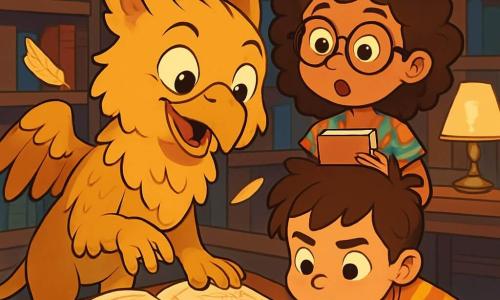 Plum, un jeune griffon aux plumes dorées et aux yeux curieux, est debout sur ses pattes arrière, examinant un vieux livre ouvert sur une table en bois, avec une expression intriguée et un léger sourire. À côté de lui, Léa, une petite fille aux cheveux bouclés et lunettes rondes, observe le livre avec émerveillement, portant une robe à fleurs et tenant un carnet. Sami, un petit garçon aux cheveux bruns en bataille, est accroupi sur le sol, concentré sur le plan du livre, vêtu d'un t-shirt rayé et d'un short. La scène se déroule dans une grande bibliothèque en bois sombre, remplie de livres colorés, éclairée par des lampes anciennes, avec des plumes dorées flottant dans l'air. Plum et ses amis découvrent un livre mystérieux, cherchant des indices sur un secret caché.
