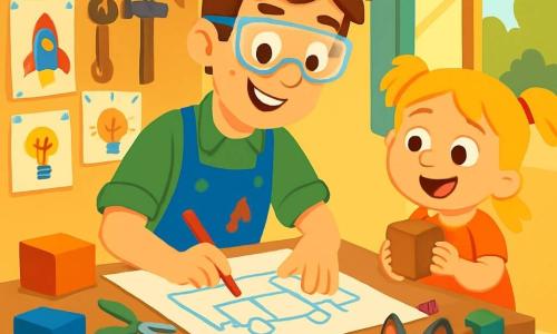 Un jeune homme nommé Simon, souriant et enthousiaste, est assis à son bureau dans son atelier. Il a des cheveux bruns en désordre, porte des lunettes de protection et un tablier plein de taches de peinture. Il dessine un plan sur un grand papier, entouré de boîtes colorées, de ciseaux et de crayons. À côté de lui, Lila, une petite fille de six ans avec des cheveux blonds et des couettes, observe avec des yeux brillants, tenant un cube en bois et souriant. Grisou, un chat gris aux yeux verts, est allongé sur le tapis, regardant les deux amis. L'atelier est lumineux, rempli d'outils et de matériaux, avec des dessins colorés accrochés aux murs. La scène montre Simon et Lila travaillant ensemble sur une boîte à cubes à roulettes, avec des cubes colorés éparpillés autour d'eux. Lila rit joyeusement tandis que Simon, concentré, trace des lignes sur son papier.