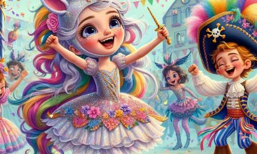 Lila, une fille de 11 ans, se tient au centre de l'image, joyeuse dans un costume de licorne scintillant. Elle danse avec enthousiasme, entourée de paillettes. À sa droite, sa meilleure amie Camille, déguisée en pirate, rit en se balançant au rythme de la musique. À gauche, Tom, un garçon de 10 ans en chapeau de cowboy, applaudit avec enthousiasme. Le décor d'une place animée est orné de guirlandes et de ballons, avec des chars décorés en arrière-plan. Lila, Camille et Tom dansent ensemble, célébrant l’amitié et la joie dans une atmosphère festive.