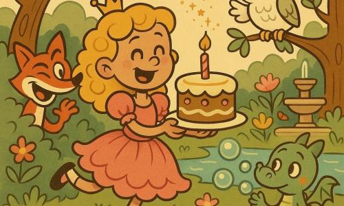 Princesse Églantine, 7 ans, cheveux dorés bouclés, robe rose à volants, sourit en tenant une assiette de gâteau et saute sur la pointe des pieds; Fripon le renard roux aux yeux malicieux se cache à gauche derrière un buisson en ricanant; Plumette la chouette ronde et blanche cligne des yeux perchée sur une branche au-dessus de la princesse; Fumet le petit dragon vert, timide mais content, souffle des bulles près d’une fontaine à droite; la minuscule fée Lila vole au-dessus du gâteau en répandant une poussière dorée; décor : jardin enchanté coloré avec arbres courbés, fleurs, nénuphars et rivière chantante; scène : tous autour d’un grand gâteau sur une nappe à pois, ambiance de fête comique aux gestes exagérés et expressions lisibles.