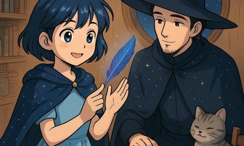 Luna, jeune sorcière souriante aux yeux brillants et cheveux courts bleu nuit mêlés d'argent, porte une robe courte bleu ciel et un châle étoilé; elle tient une fine plume magique bleu irisé aux reflets violets qui tremble mais s'éclaircit tandis qu'elle la rassure, visage tendre et concentré. À côté d'elle, un veilleur d'éclipses adulte, grand et calme, coiffé d'un chapeau en lune mince et vêtu d'un manteau sombre constellé d'étoiles, s'agenouille légèrement, main près d'un petit coffret en bois, regard bienveillant. Un petit chat du grenier, dodu au pelage gris tigré et aux yeux dorés, est installé sur une chaise, queue enroulée, observant la plume qui reprend des couleurs. La scène se déroule dans une petite tour ronde aux murs de bois clair vibrants, étagères de livres et bocaux, fenêtre ronde donnant sur un ciel étoilé et une douce lumière dorée; ambiance chaleureuse, magique et apaisante.
