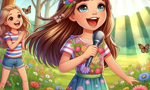 Clara, une petite fille de 11 ans, se tient au centre d'une clairière, le visage rayonnant de joie. Elle a de longs cheveux châtains et porte une robe colorée ornée de fleurs. Ses yeux brillent d'excitation alors qu'elle chante avec passion, souriante. À ses côtés, sa meilleure amie Lila, également âgée de 11 ans, l'encourage avec admiration. Lila a des cheveux châtains clairs en tresse et porte un t-shirt à rayures avec un short en jean, applaudissant avec enthousiasme. La scène se déroule dans une clairière ensoleillée entourée d'arbres majestueux et de fleurs sauvages colorées, avec des papillons virevoltant autour. Clara chante devant un petit groupe d'amis, créant une ambiance chaleureuse et accueillante, célébrant l'amitié et la confiance en soi.