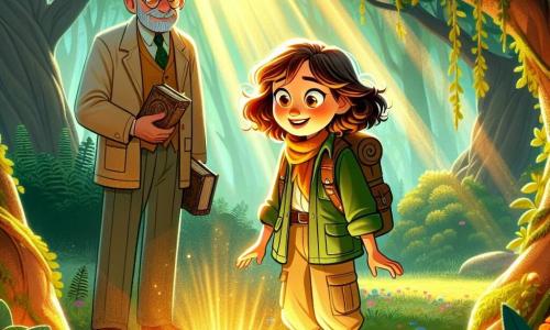 June, une jeune fille aux cheveux châtains bouclés et aux yeux curieux, se tient au centre d'une clairière magique, le visage illuminé par une douce lueur dorée. Elle porte une veste d'exploratrice verte, un pantalon beige et des bottes robustes, observant avec émerveillement une fontaine en pierre émettant une lumière chaleureuse. Monsieur Lagrange, un homme d'environ 60 ans avec une barbe grise et des lunettes rondes, se tient à l'entrée de la clairière, souriant et tenant un vieux livre, regardant June avec fierté. La forêt dense, avec des arbres majestueux et des rayons de soleil filtrant à travers les branches, crée une atmosphère enchantée. June s'approche de la fontaine magique, entourée d'une légère brume mystérieuse.